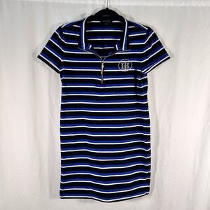 Tommy Hilfiger Mini Dress Women's Medium Blue Striped Short Sleeve 1/4 Zip